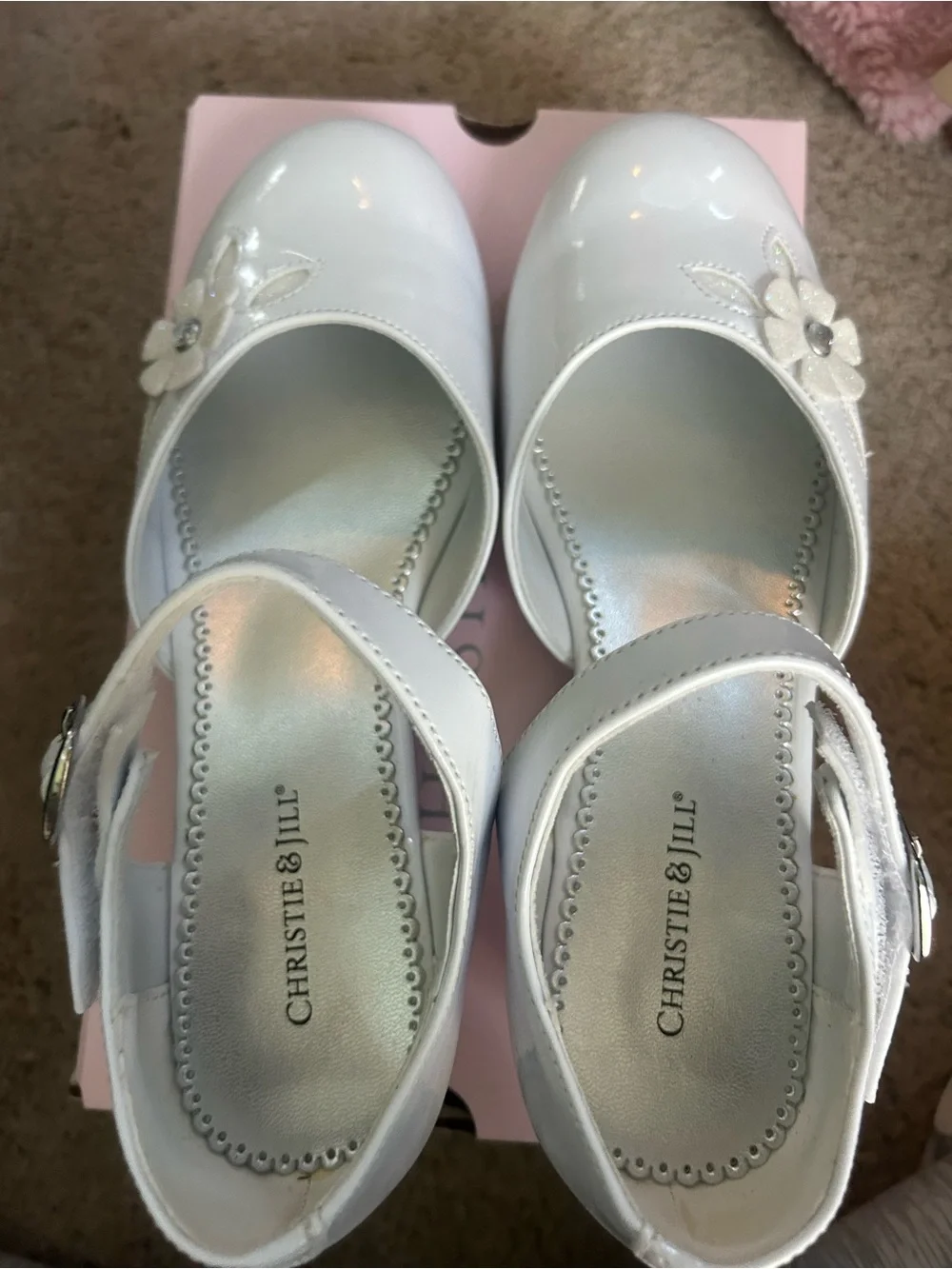 Christie & Jill Girls' White Mary Jane Dress Shoes with Flower Accent